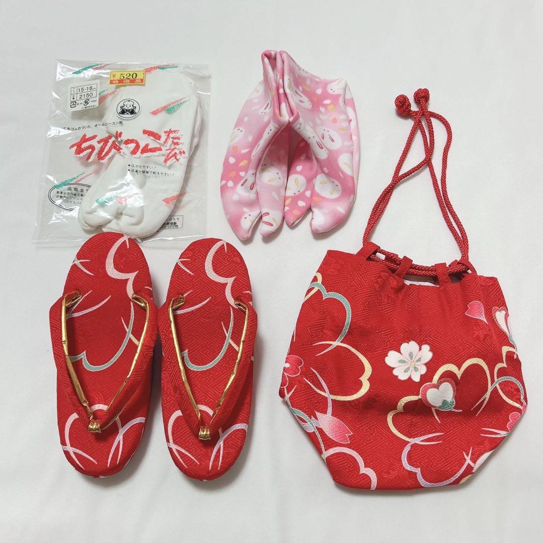 七五三 3歳 女の子 赤 桜 7点セット 着物 被布 長襦袢 足袋 草履 巾着