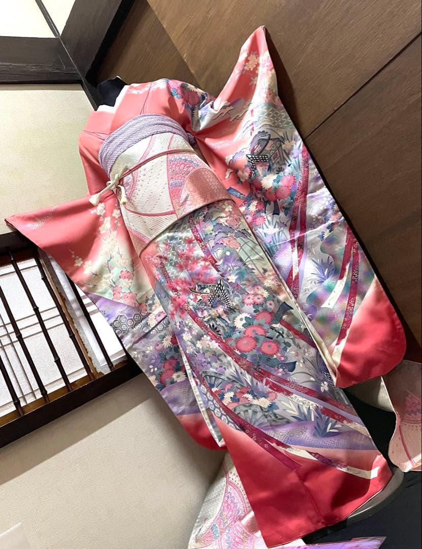 振袖 フルセット6点サイズM〜Ｌ駒刺繍　御所車花文　暈し染め　金彩正絹