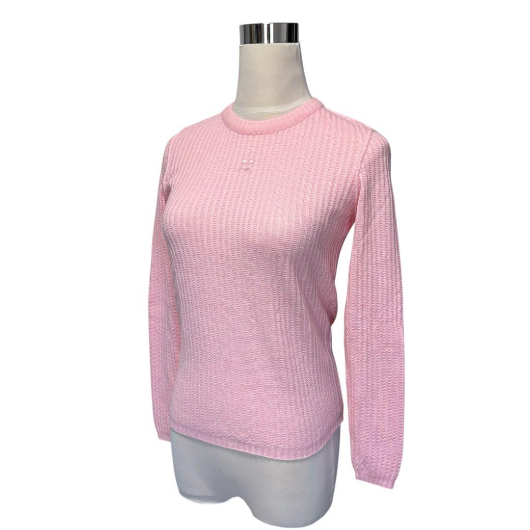 未使用　courreges　クレージュ　ロゴ刺繍　リブニット　フランス製　ピンク