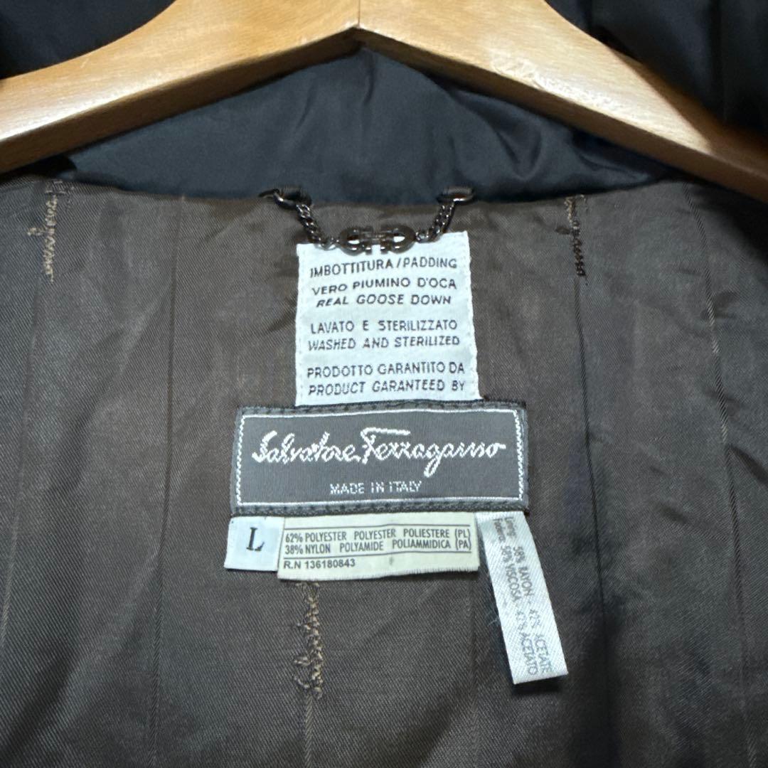 フェラガモ 黒 ロングダウンジャケット スタンドカラー L