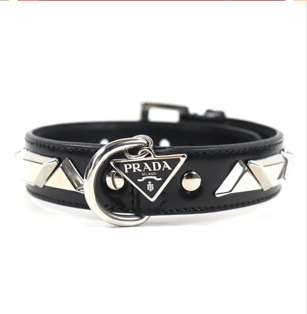 チックPRADA レザー首輪 黒 スタッズ付き