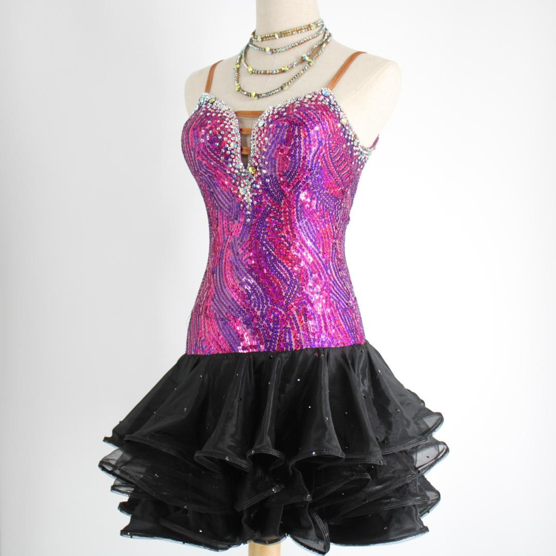 【社交ダンス衣装】パープル×豪華フリル ラテンドレス ワンピース 紫