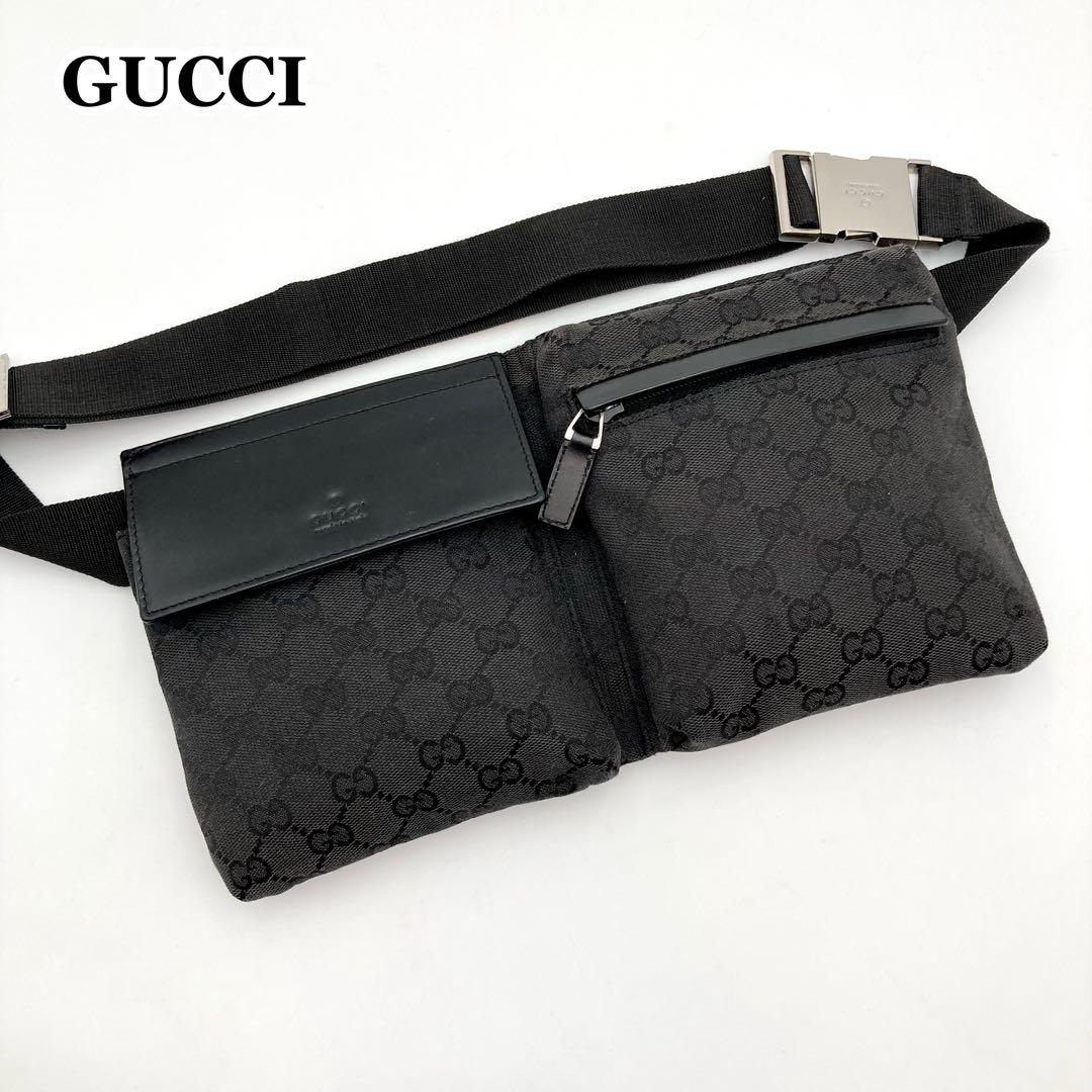 天下布武✨ GUCCI ボディバッグ GGキャンバス レザー 黒 ポケット
