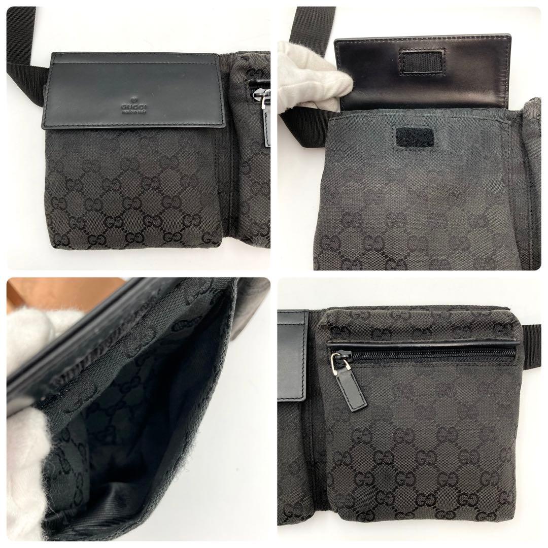 天下布武✨ GUCCI ボディバッグ GGキャンバス レザー 黒 ポケット