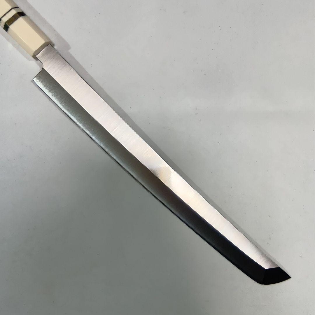 ステン本焼V金10号先丸柳刃包丁30cm鞘付人工象牙八角柄