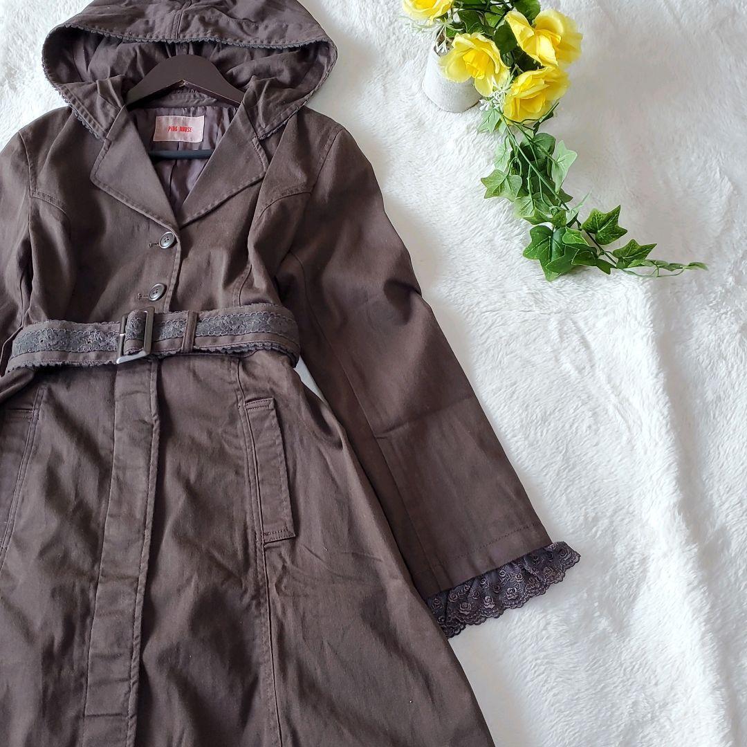 ピンクハウス　ステンカラーコート　ロングコート　ベルト付き　レース　フード