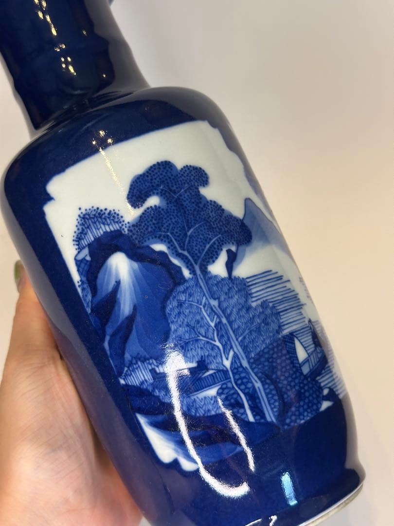 最終價格 清時代 染付山水博古花瓶 中国 骨董 古董 古い 花瓶