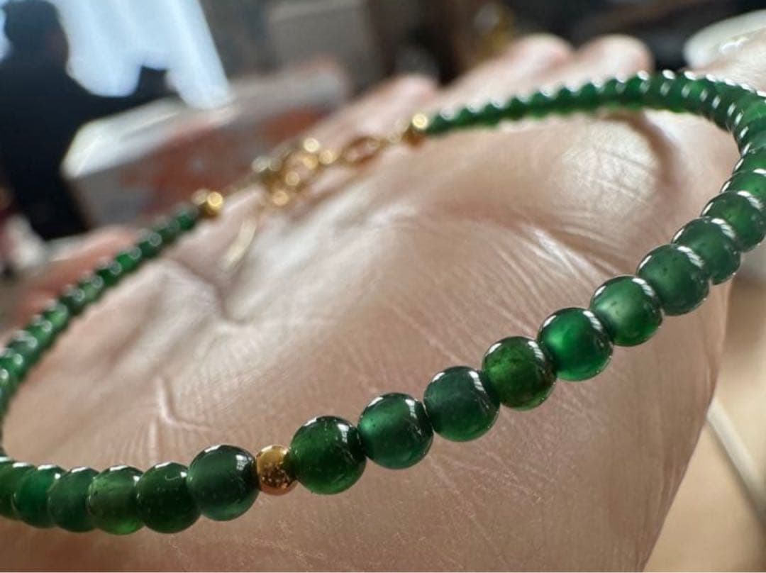 S*n様 純天然冰種ジェダイト本翡翠ビーズブレスレット 、18 k金製ゴールビー
