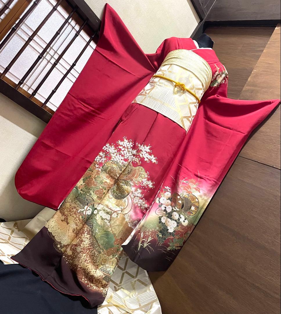 振袖フルセット6点サイズM〜Ｌ糸巻き花文　暈し染め　金彩　正絹