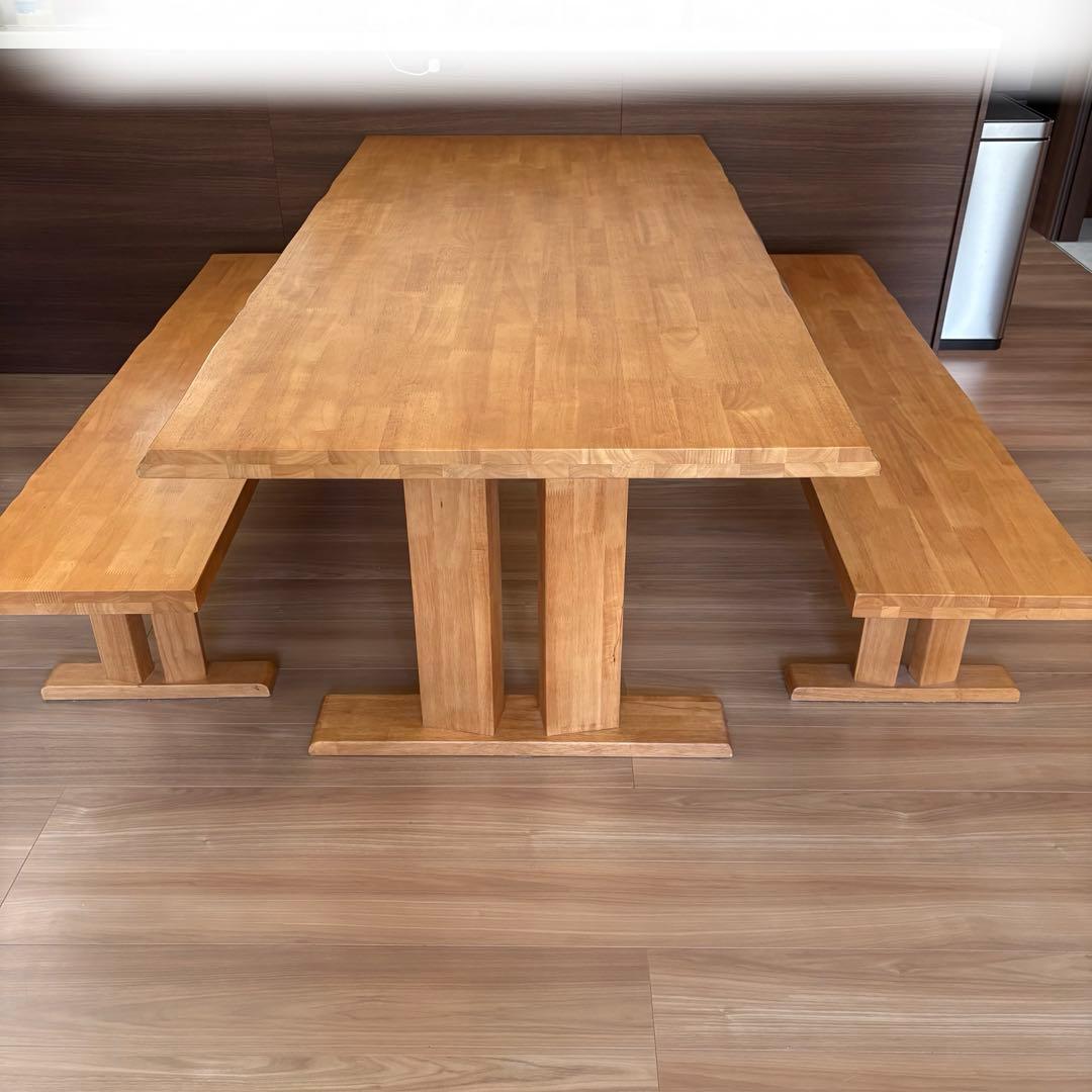 松田家具 天然木 白王ダイニングテーブル ベンチイス 3点セット