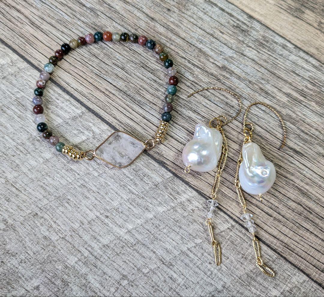 大粒オイスターパール☾　ハーキマークォーツ　チャーム