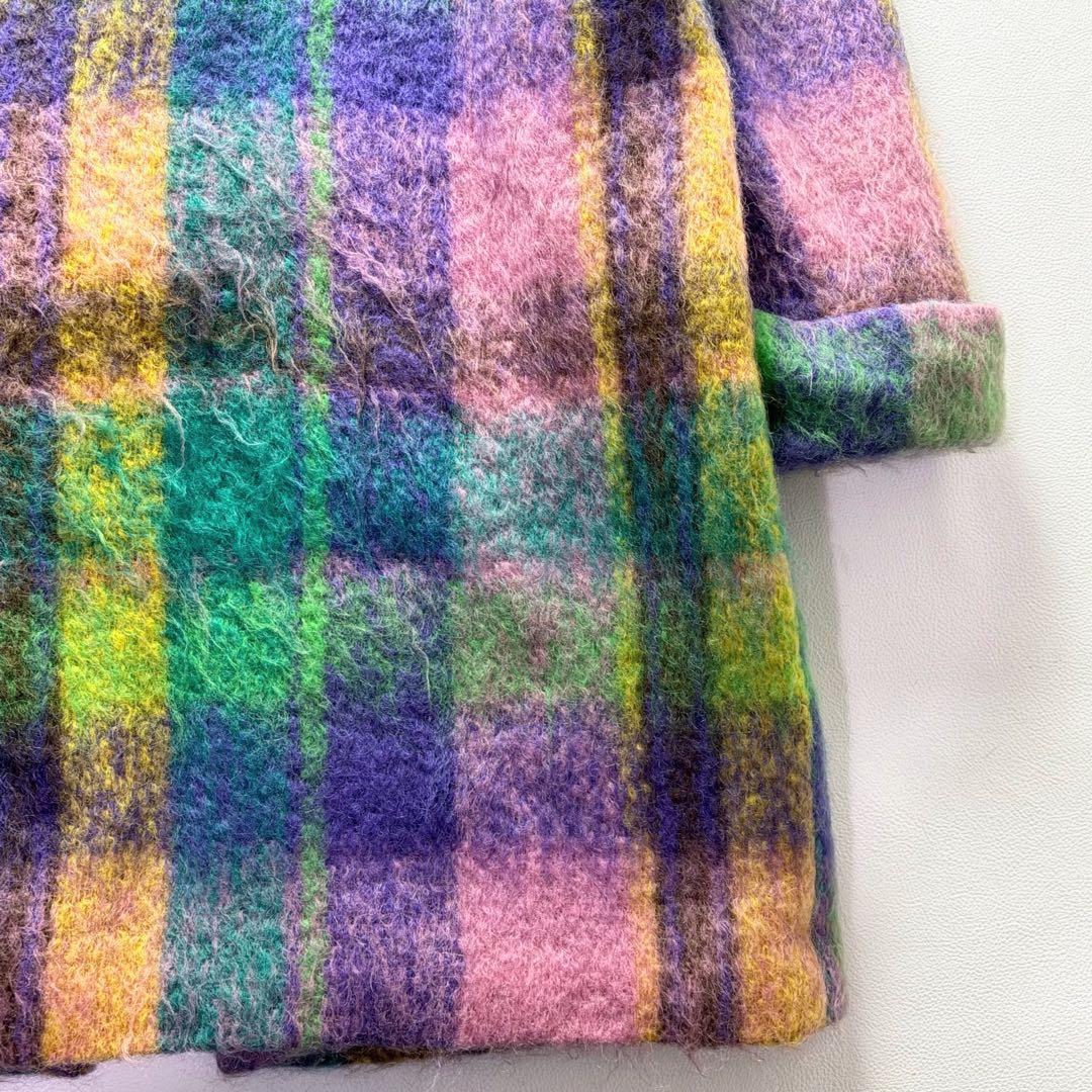 希少品! エムズグレイシー シャギーチェックコート くるみボタン マフラー付