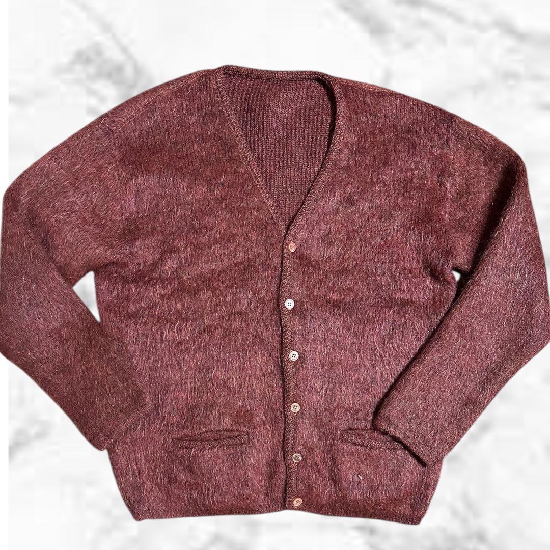60s モヘアカーディガン 赤色 L グランジ ヴィンテージ　毛足長め