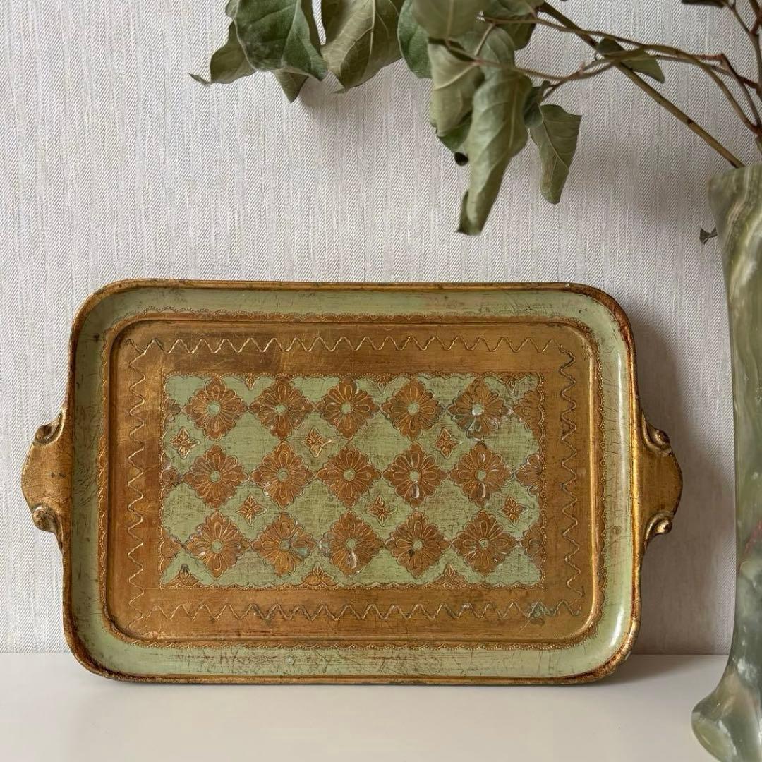 【イタリア】木製 トレイ フロレンタイン パステルグリーン長方形 取手付き 金彩