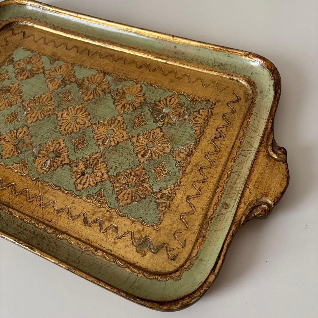 【イタリア】木製 トレイ フロレンタイン パステルグリーン長方形 取手付き 金彩