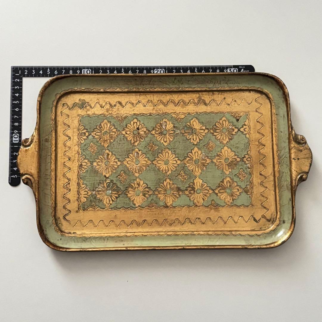 【イタリア】木製 トレイ フロレンタイン パステルグリーン長方形 取手付き 金彩