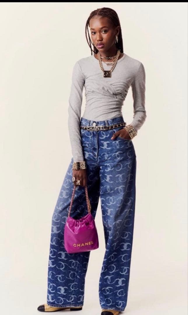 CHANEL ワイドデニムパンツ ロゴ 36 ウエスト滑り止め加工付き丈詰め