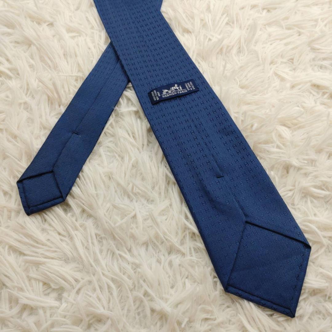 【美品】 エルメス 高級シルクネクタイ ファソネ柄 ネイビーブルー