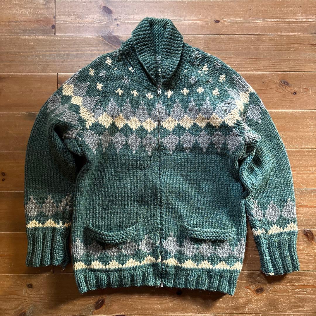 【60sビンテージ】カウチンセーター 緑 メランジ アーガイル 雪 ノルディック