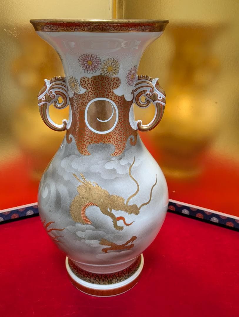 古美術　アンティーク　盤口瓶　双耳広口瓶　穿雲龍紋様　明治　九谷　谷口製