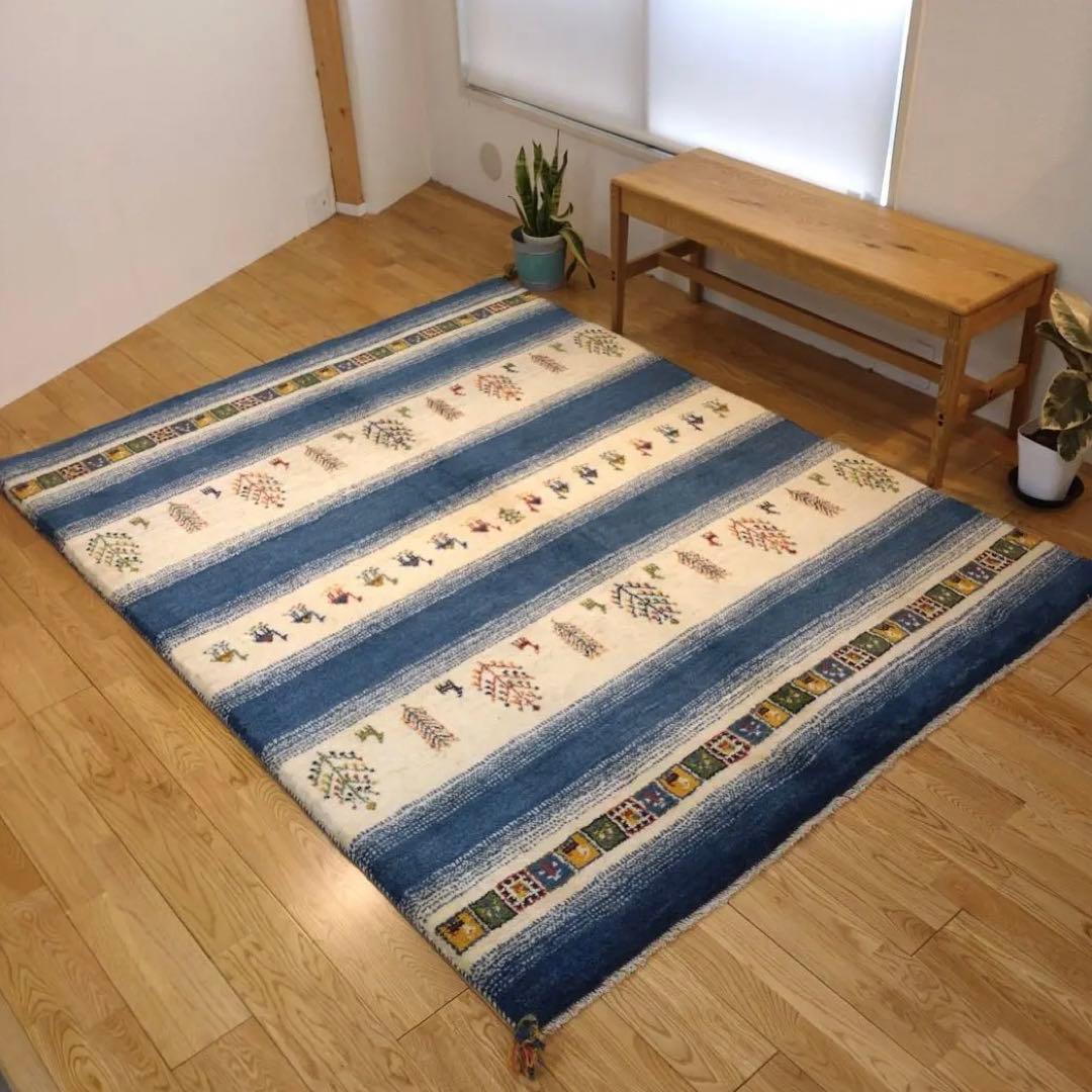 ペルシャ　ギャッベ リビング　205×160 青　ラクダ　生命の木