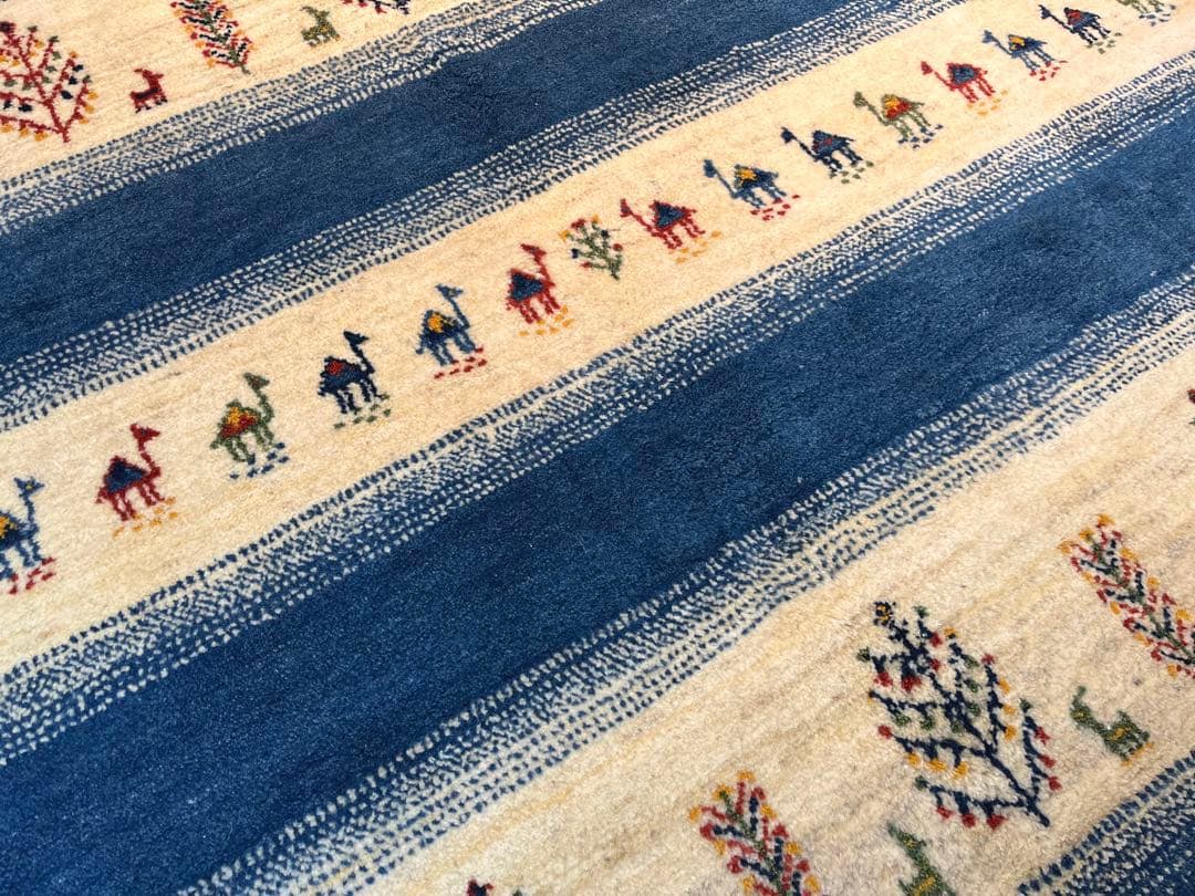 ペルシャ　ギャッベ リビング　205×160 青　ラクダ　生命の木