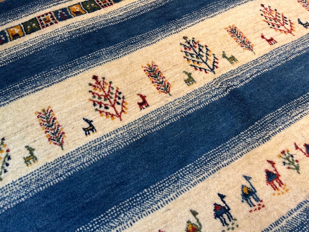 ペルシャ　ギャッベ リビング　205×160 青　ラクダ　生命の木