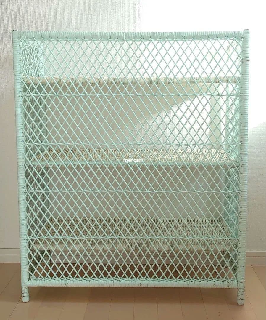 ビンテージ　パステルブルー　ウィッカーシェルフ　ラック