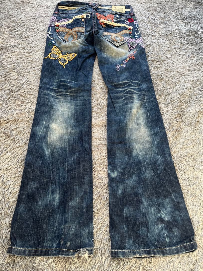 激レア　Y2K red pepper バタフライ刺繍　部分レース　フレアデニム