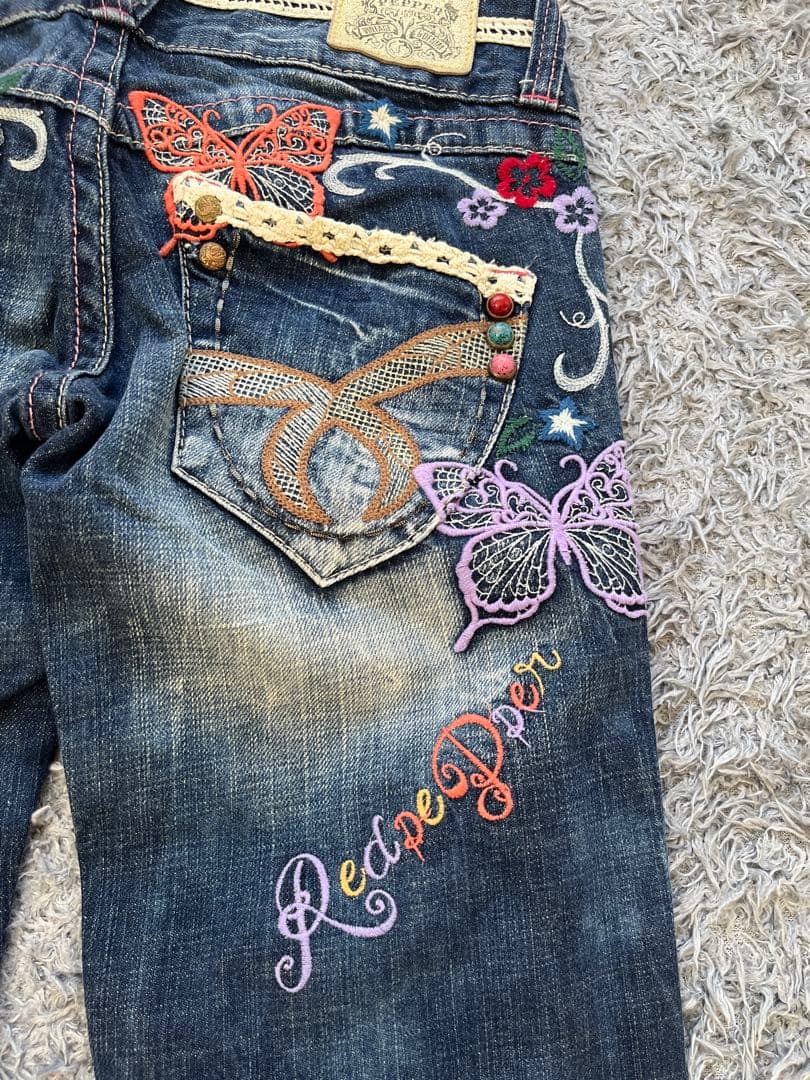 激レア　Y2K red pepper バタフライ刺繍　部分レース　フレアデニム