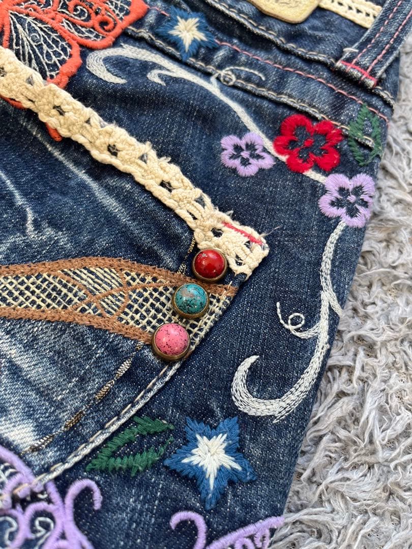 激レア　Y2K red pepper バタフライ刺繍　部分レース　フレアデニム