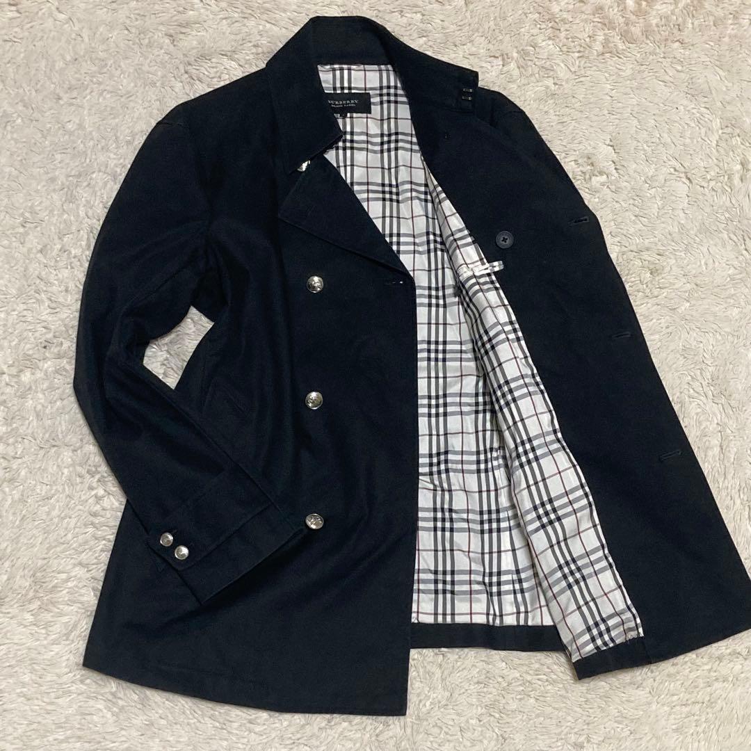 BURBERRY 美品【銀ボタン】ダブル トレンチ コート 黒 ブラック