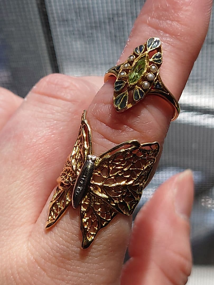 アンティークジュエリー　シードパール　ペリドット　エナメル　リング