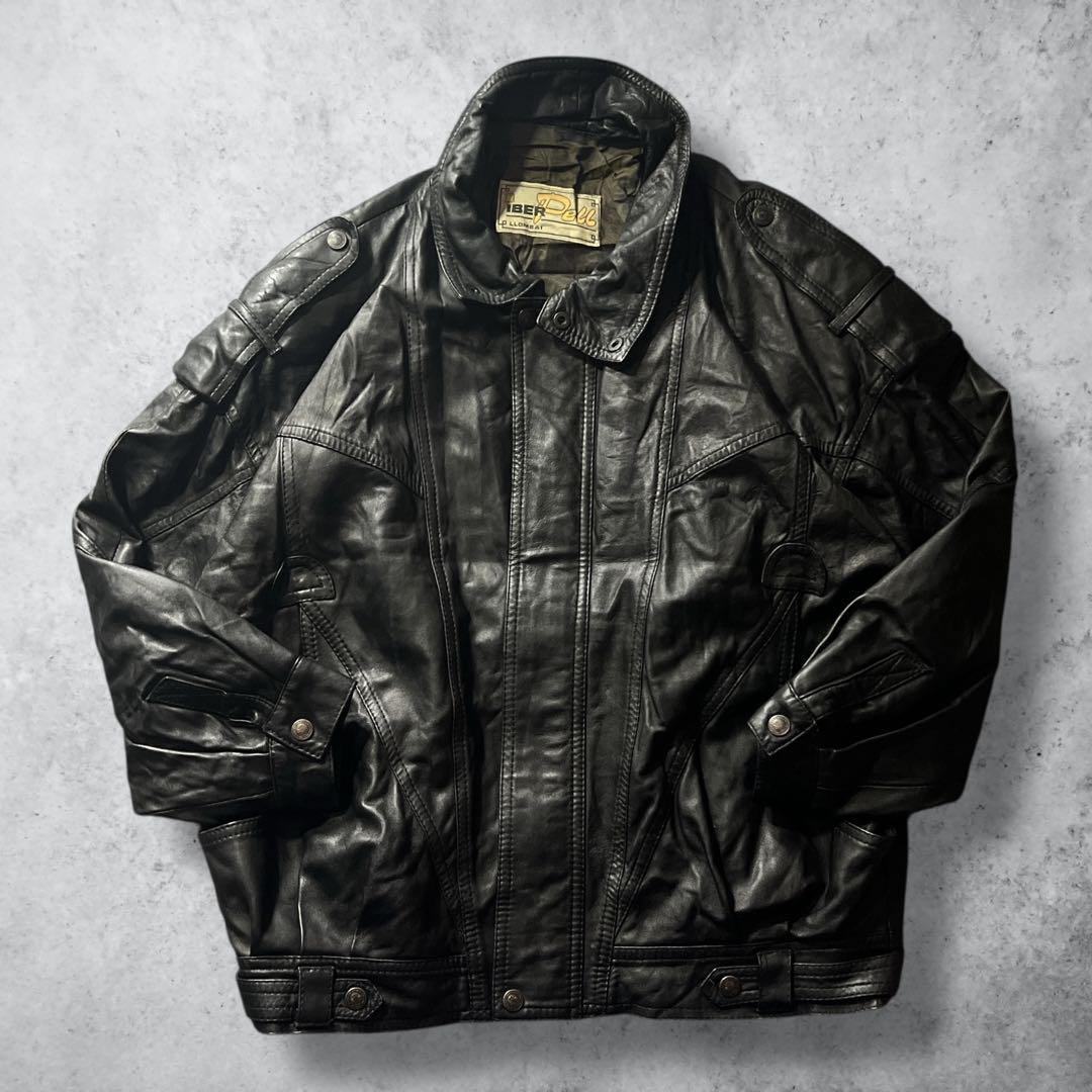 80s90sヴィンテージスペイン製A2レザージャケットブラック本革2XL古着
