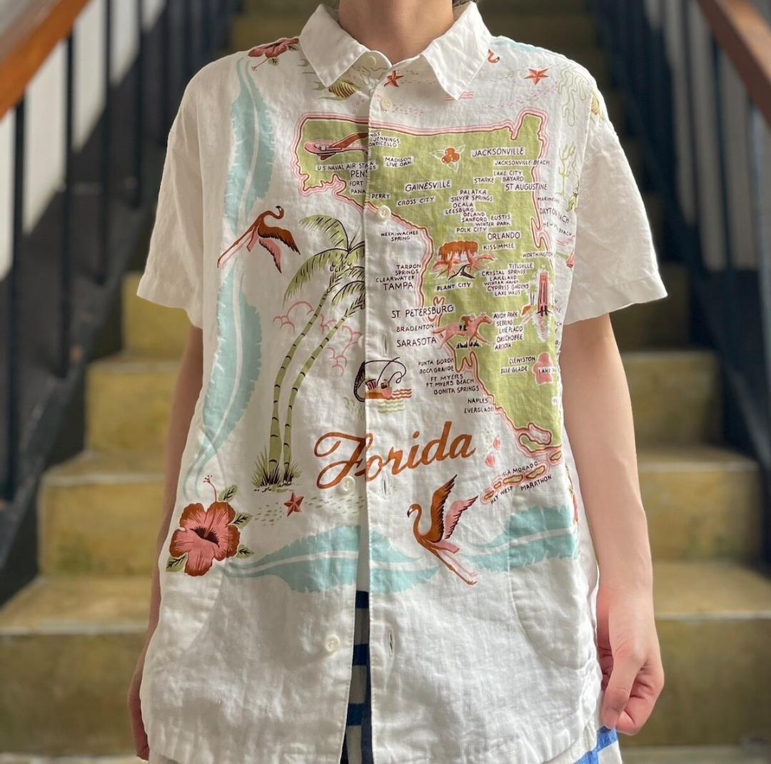 快晴堂/Florida柄Wideカロハシャツ/ハヤテ/カロハプリント/リネン