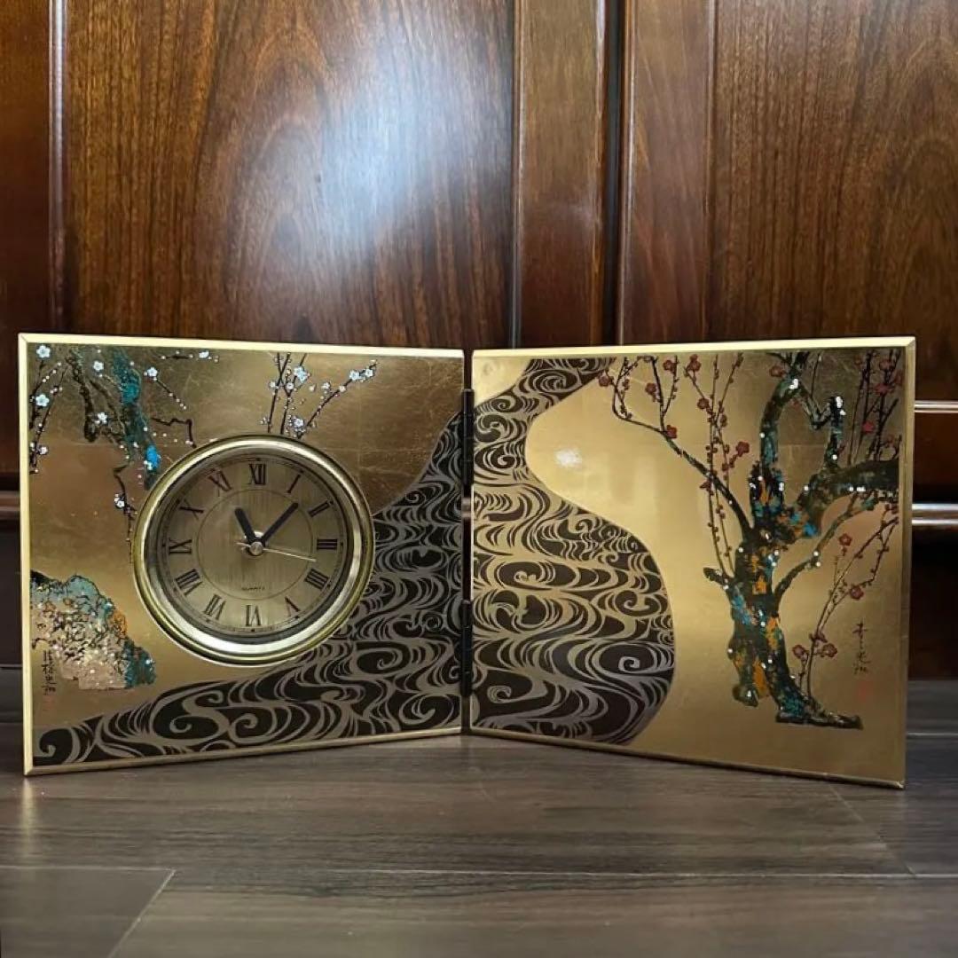 山中漆器　屏風時計 光琳梅　置き時計