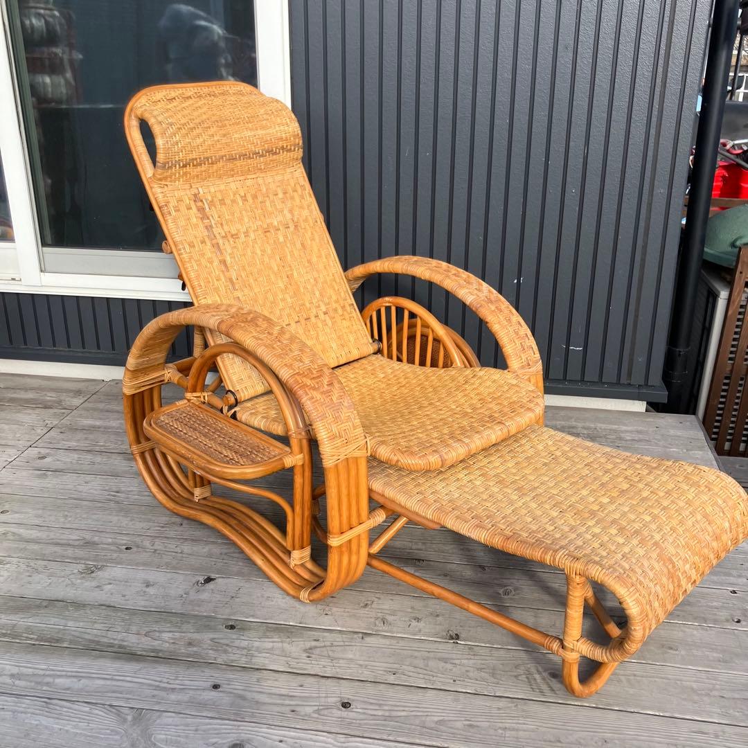 昭和レトロ ラタンリクライニングチェア オットマン付き 籐家具 1人掛けソファー
