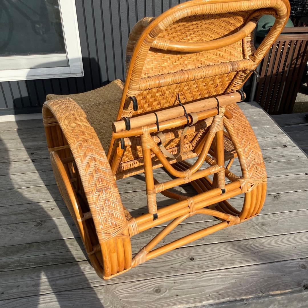 昭和レトロ ラタンリクライニングチェア オットマン付き 籐家具 1人掛けソファー