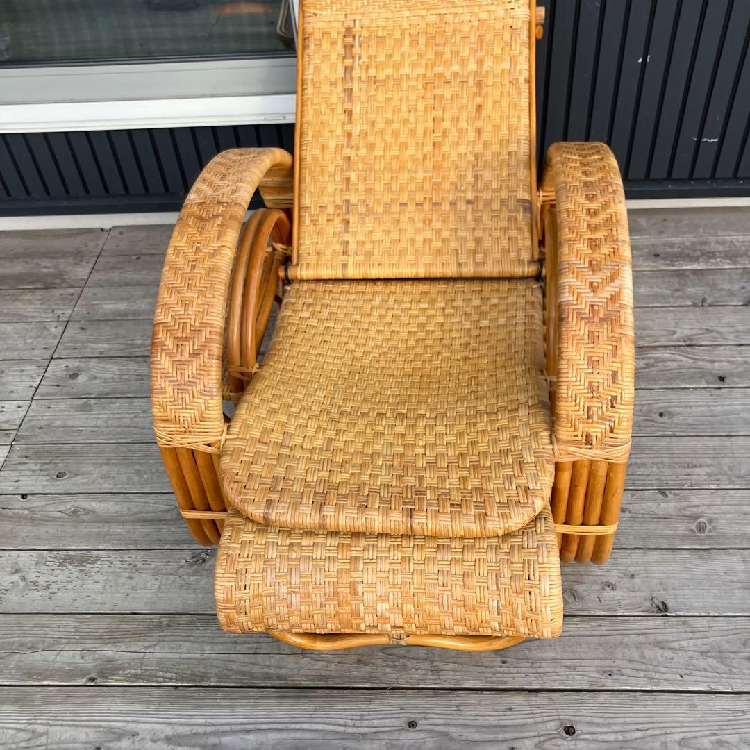 昭和レトロ ラタンリクライニングチェア オットマン付き 籐家具 1人掛けソファー