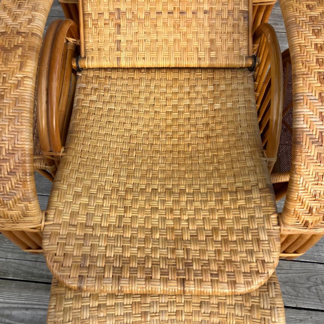 昭和レトロ ラタンリクライニングチェア オットマン付き 籐家具 1人掛けソファー