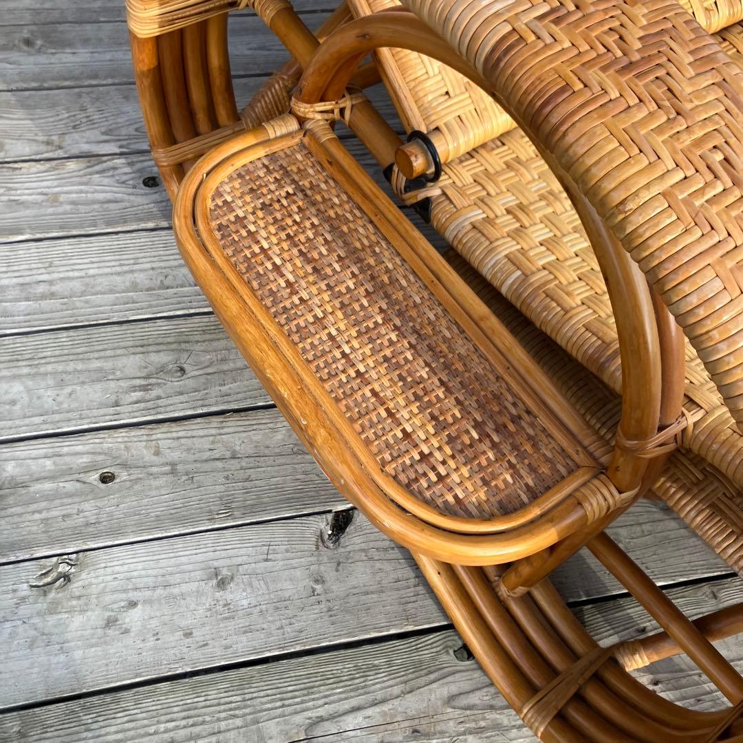 昭和レトロ ラタンリクライニングチェア オットマン付き 籐家具 1人掛けソファー