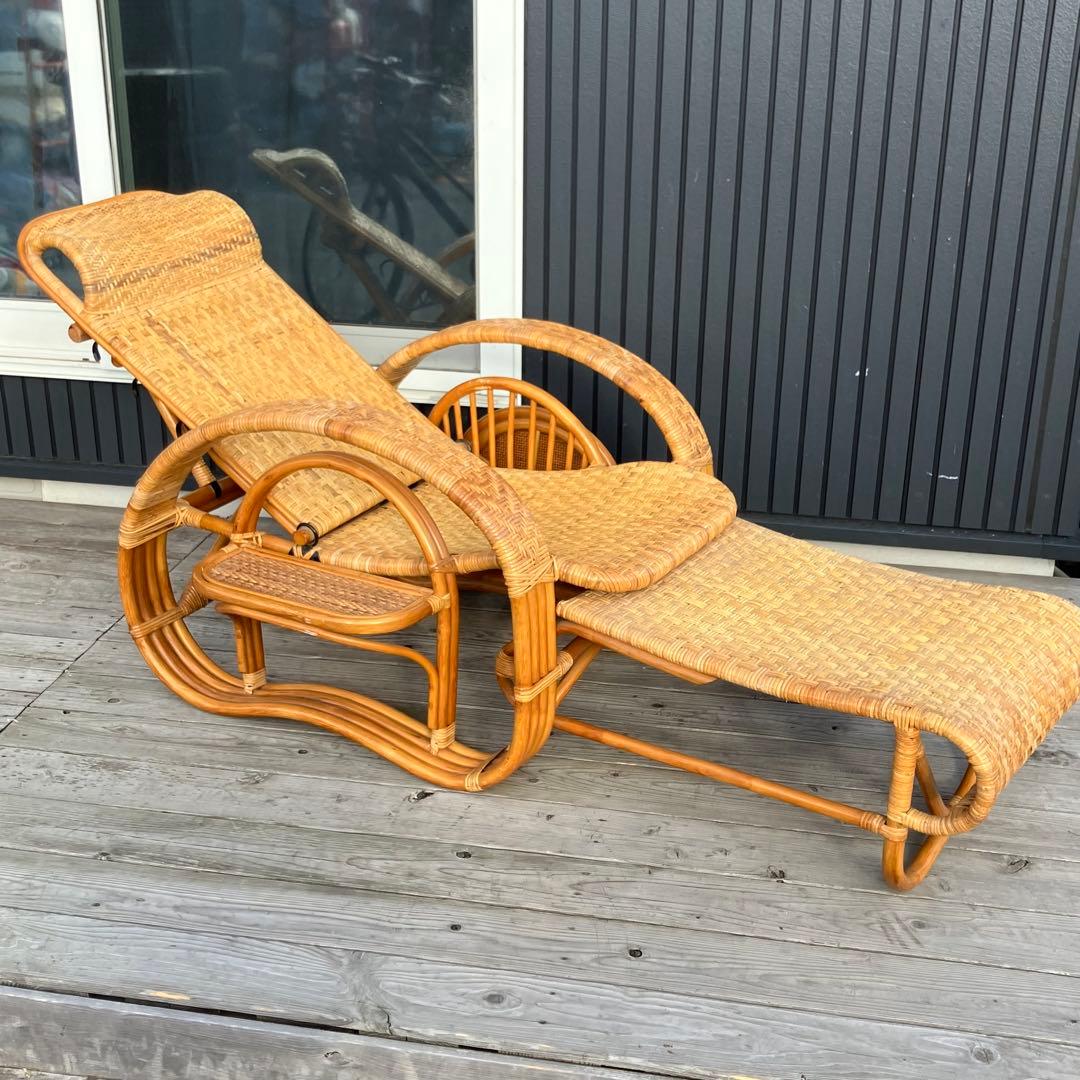 昭和レトロ ラタンリクライニングチェア オットマン付き 籐家具 1人掛けソファー