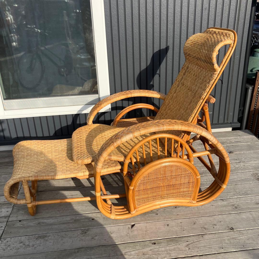 昭和レトロ ラタンリクライニングチェア オットマン付き 籐家具 1人掛けソファー
