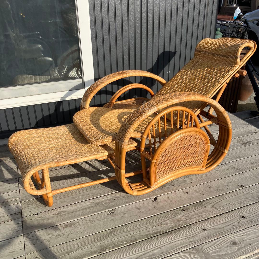 昭和レトロ ラタンリクライニングチェア オットマン付き 籐家具 1人掛けソファー