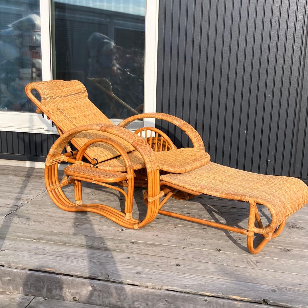 昭和レトロ ラタンリクライニングチェア オットマン付き 籐家具 1人掛けソファー