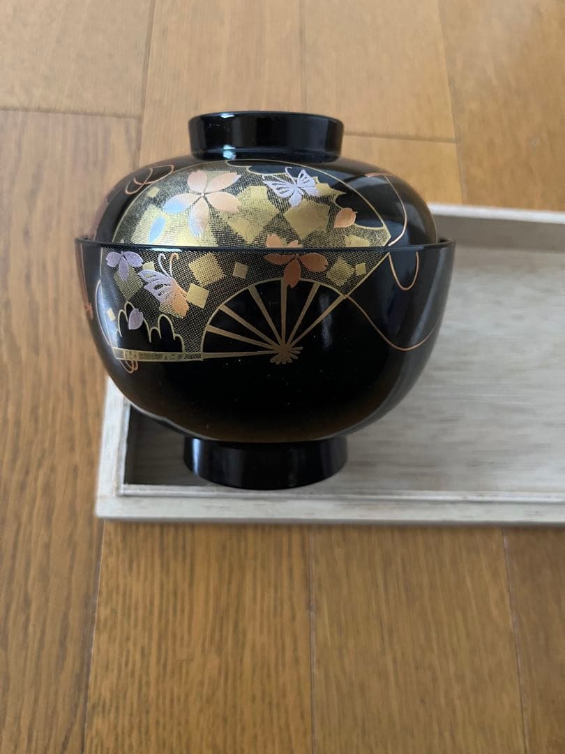 【未使用20客】義三作 姫吸椀セット 扇面霞柄 蓋付 汁椀 木箱入 漆器まとめて