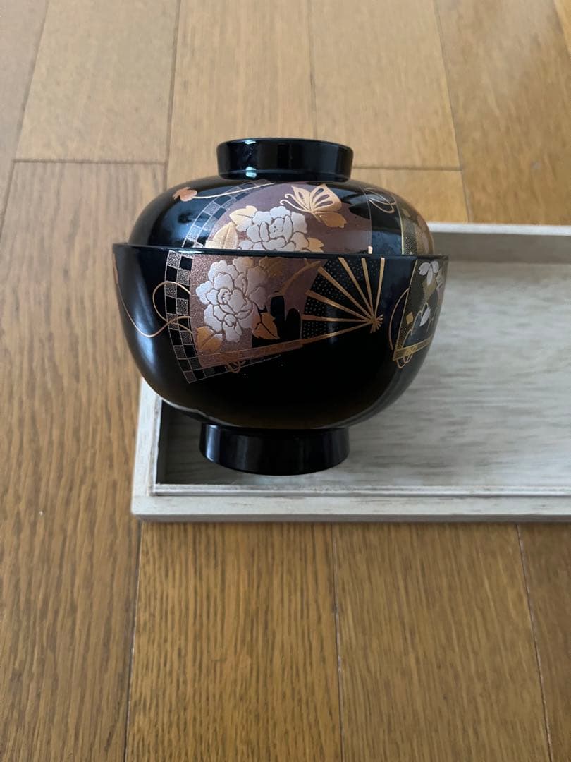 【未使用20客】義三作 姫吸椀セット 扇面霞柄 蓋付 汁椀 木箱入 漆器まとめて