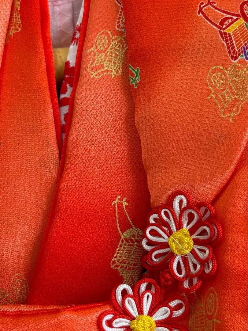 フルセット　七五三３歳女の子　きもの　被布　赤　御所車　長襦袢付　小物　7049