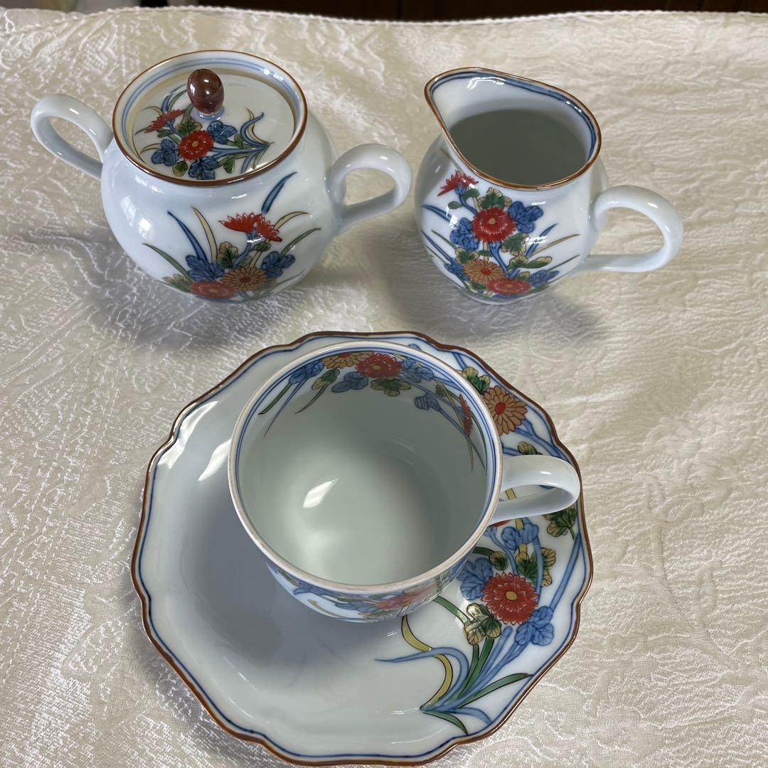 源右衛門窯　古伊万里風菊江腕皿　コーヒーカップ　シュガーポット　クリーマー