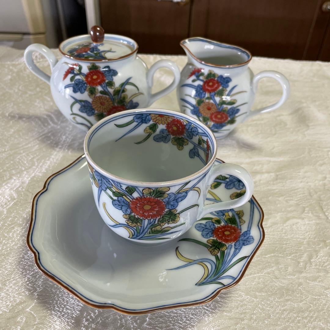 源右衛門窯　古伊万里風菊江腕皿　コーヒーカップ　シュガーポット　クリーマー